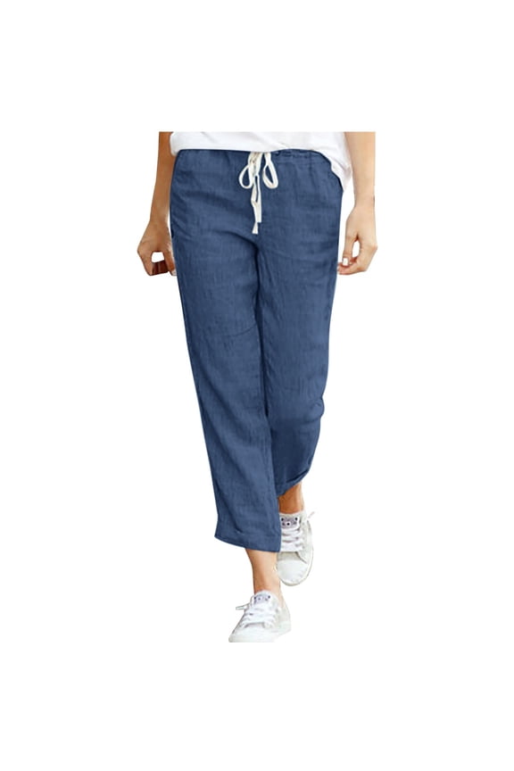 Womens Solid Color Cropped Pants With Drawstring Elastic Waist Straight Leg Fit Side Pockets For Casual Daily Wear Summer Errands Weekend Relaxed Outings Navy