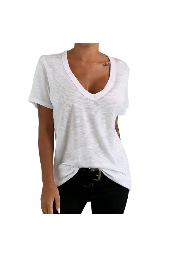 Womens Solid Color Deep V Neck Short Sleeve Relaxed Fit Slub Knit TShirt For Summer Casual Daily Wear Soft Top