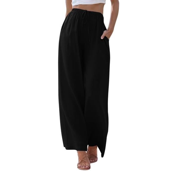 FINALGANG Womens Solid Color Flowy Wide Leg Pants With Drawstring Elastic High Waist Side Pockets For Casual Daily Wear Summer Beach Vacation Outings Black