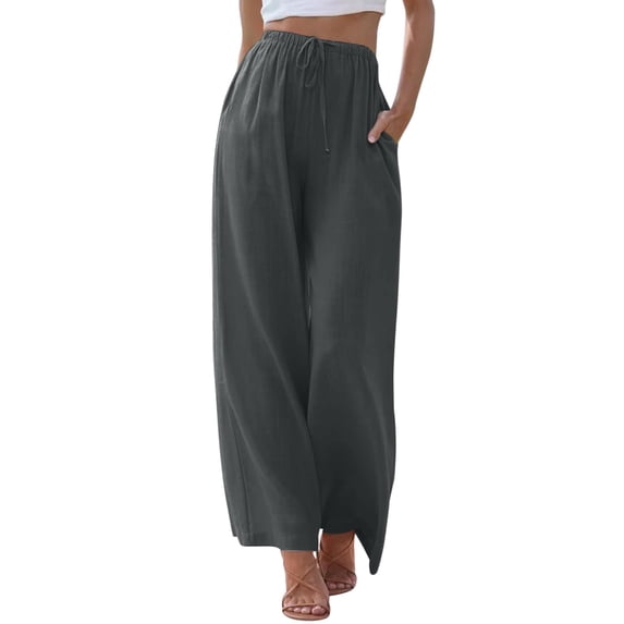 FINALGANG Womens Solid Color Flowy Wide Leg Pants With Drawstring Elastic High Waist Side Pockets For Casual Daily Wear Summer Beach Vacation Outings Dark Gray