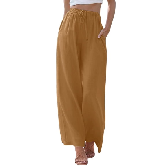 FINALGANG Womens Solid Color Flowy Wide Leg Pants With Drawstring Elastic High Waist Side Pockets For Casual Daily Wear Summer Beach Vacation Outings Khaki