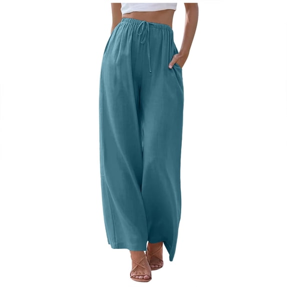 FINALGANG Womens Solid Color Flowy Wide Leg Pants With Drawstring Elastic High Waist Side Pockets For Casual Daily Wear Summer Beach Vacation Outings Sky Blue