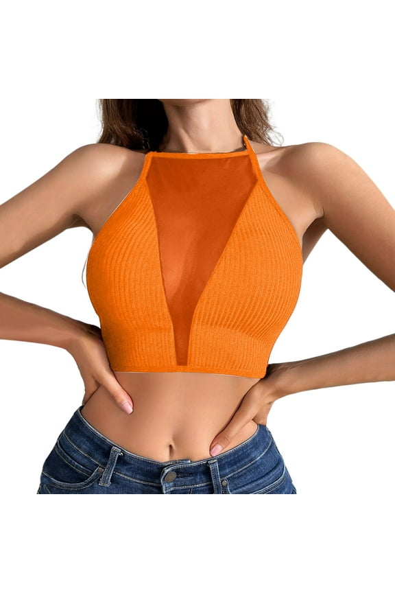 Womens Solid Color Halter Neck Sleeveless Crop Top Ribbed Knit Mesh Panel Plunging Neckline Slim Fit Top For Summer Beach Casual Wear Orange M