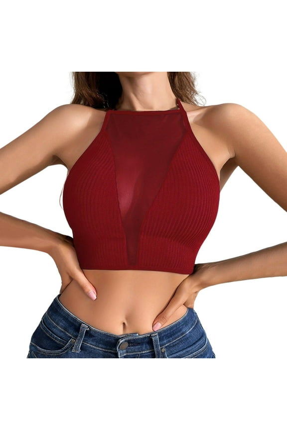 Womens Solid Color Halter Neck Sleeveless Crop Top Ribbed Knit Mesh Panel Plunging Neckline Slim Fit Top For Summer Beach Casual Wear Red XS