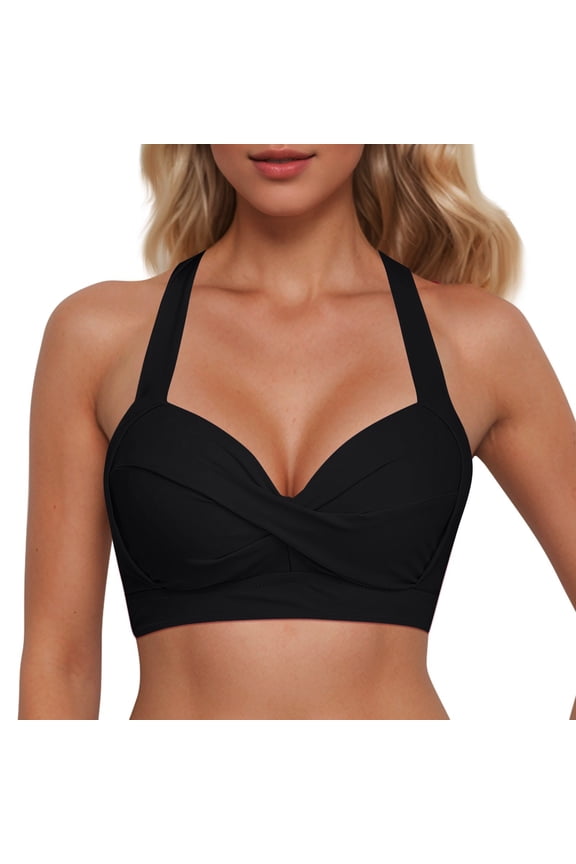 Womens Solid Color Halter Neck Twist Front Push Up Bikini Top Wide Strap Ruched Bust Swimwear Top For Summer Beach Vacation{ Black XL