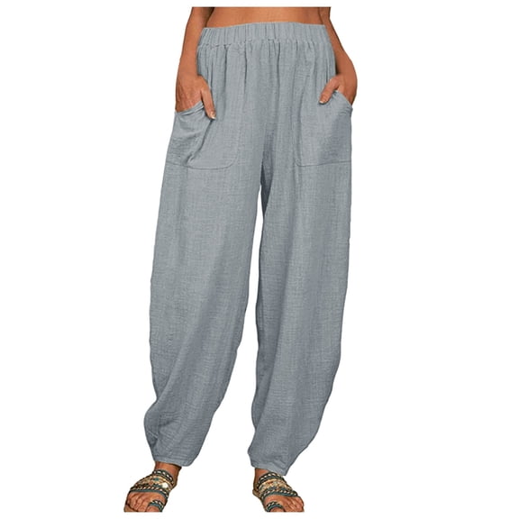 FINALGANG Womens Solid Color Harem Pants With Elastic High Waist Patch Pockets Ankle Hem For Casual Daily Wear Summer Beach Bohemian Style Outings Grey