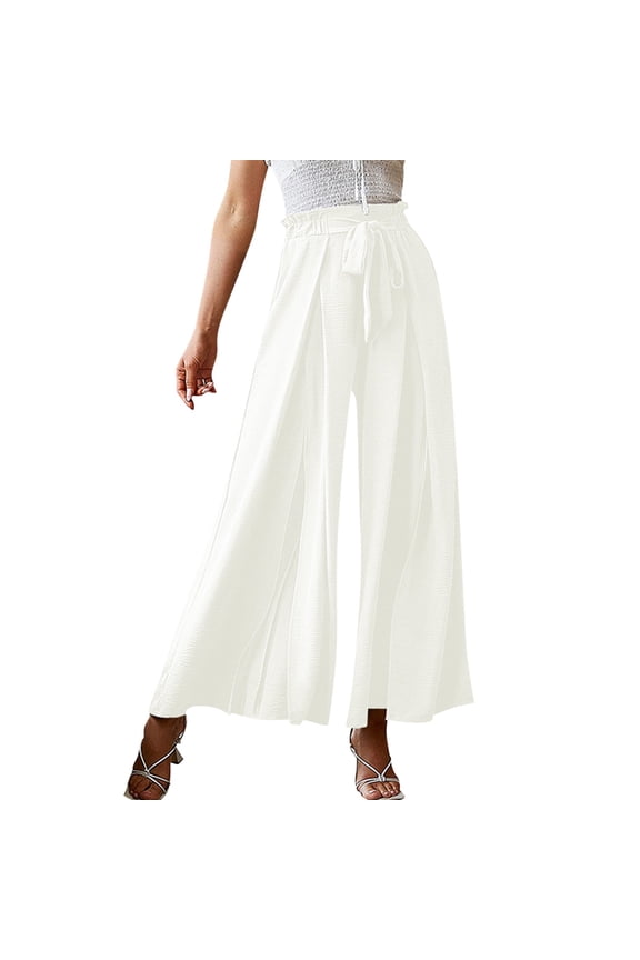 Womens Solid Color High Waisted Wide Leg Pants With Bow Tie Waist Front Slit Details For Office Business Casual Daily Work Wear White