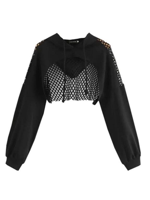 Womens Solid Color Hooded Crop Top With Fishnet Panel Long Sleeve Fitted Top For Streetwear Casual Daily Wear Black XXL