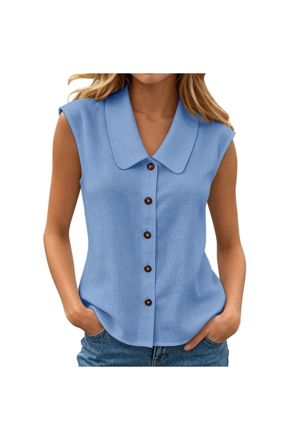 Womens Solid Color Peter Pan Collar Sleeveless Regular Fit Button Down Blouse Vest For Summer Casual Daily Wear Blue M