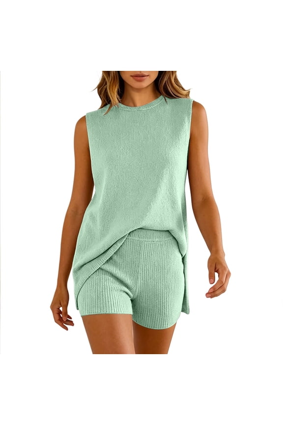 Womens Solid Color Ribbed Knit Two Piece Outfit Crew Neck Sleeveless Tunic Top High Waist Shorts Casual Matching Set For Loungewear Daily Wear Trendy Set