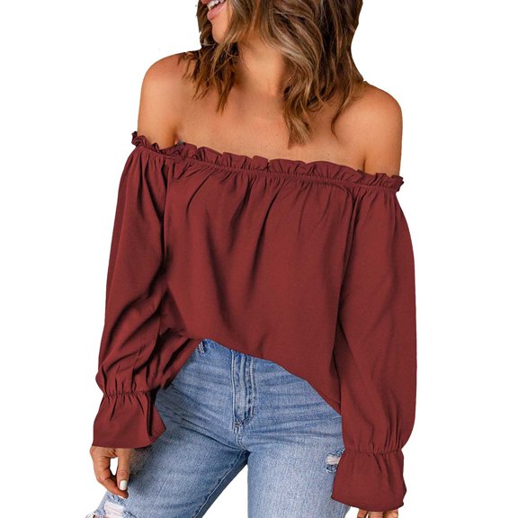 FINALGANG Womens Solid Color Off Shoulder Long Sleeve Blouse Puff Sleeve Elasticated Neckline Flowy Loose Fit Casual Top For Summer Spring Daily Wear Red S