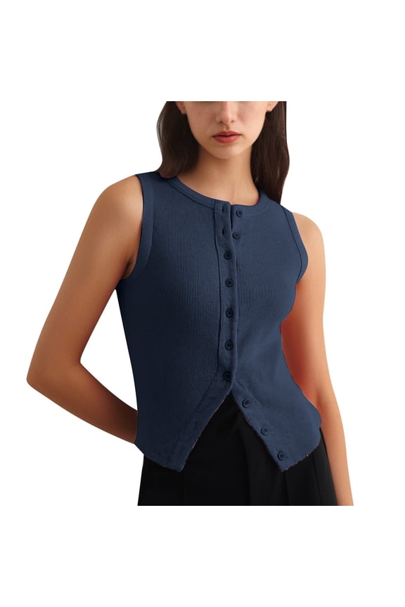 Womens Solid Color Sleeveless Ribbed Knit Top Button Front Crewneck Fitted Crop Vest For Spring Summer Casual Office Wear Blue S