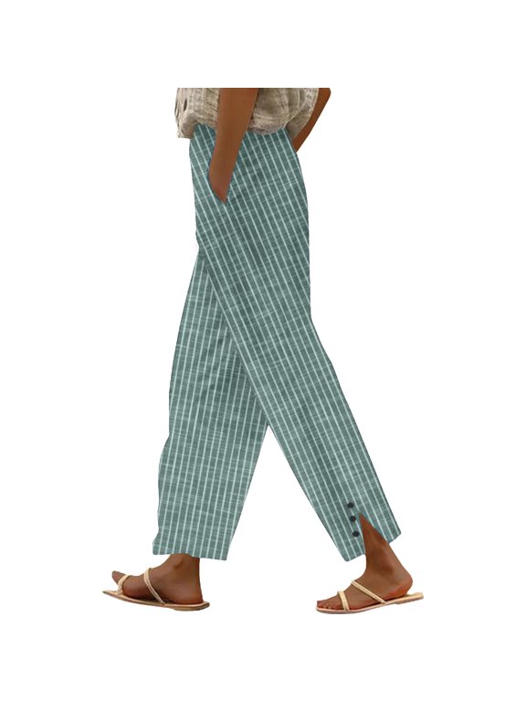 Womens Solid Color Striped Straight Leg Pants With Button Split Hem Elastic Waist Side Pockets For Casual Daily Wear Office Weekend Outings Green
