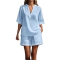 thumbnail image 1 of FINALGANG Womens Solid Color Two Piece Outfit V Neck Notch Collar Short Sleeve Top Elastic Waist Shorts Casual Matching Set For Summer Daily Wear Stylish Set, 1 of 4