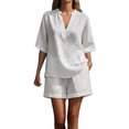 thumbnail image 1 of FINALGANG Womens Solid Color Two Piece Outfit V Neck Notch Collar Short Sleeve Top Elastic Waist Shorts Casual Matching Set For Summer Daily Wear Stylish Set, 1 of 4