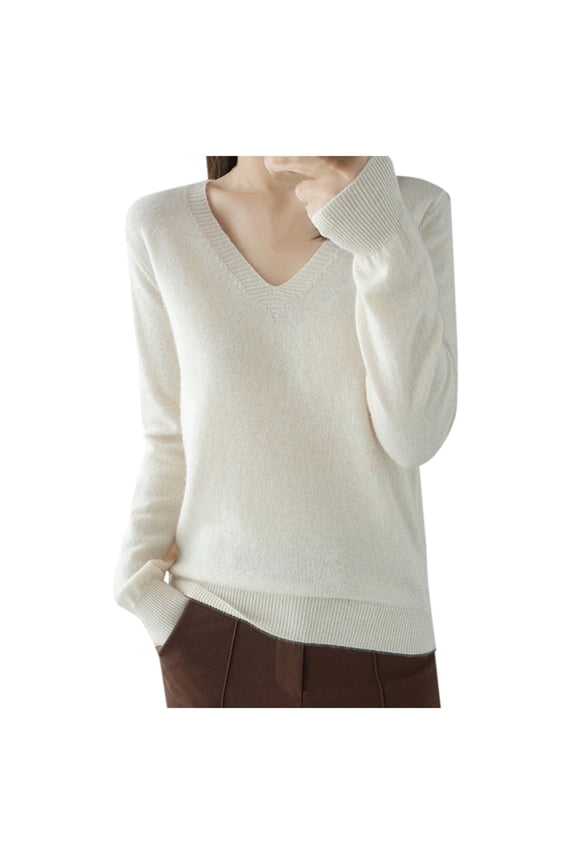 Womens Solid Color V Neck Long Sleeve Lightweight Sweater Soft Knit Regular Fit Pullover Top For Spring Casual Office Daily Wear Beige XL