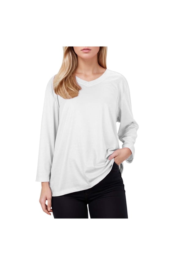 Womens Solid Color V Neck Long Sleeve TShirts Loose Fit Flowy Top For Spring Summer Casual Daily Wear White XXL