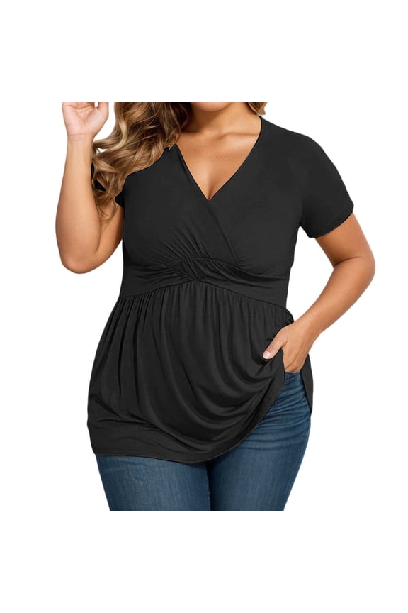 Womens Solid Color V Neck Short Sleeve Top Front Twist Detail Ruched Bust Flowy Peplum Hem Blouse For Casual Daily Wear Black XXL