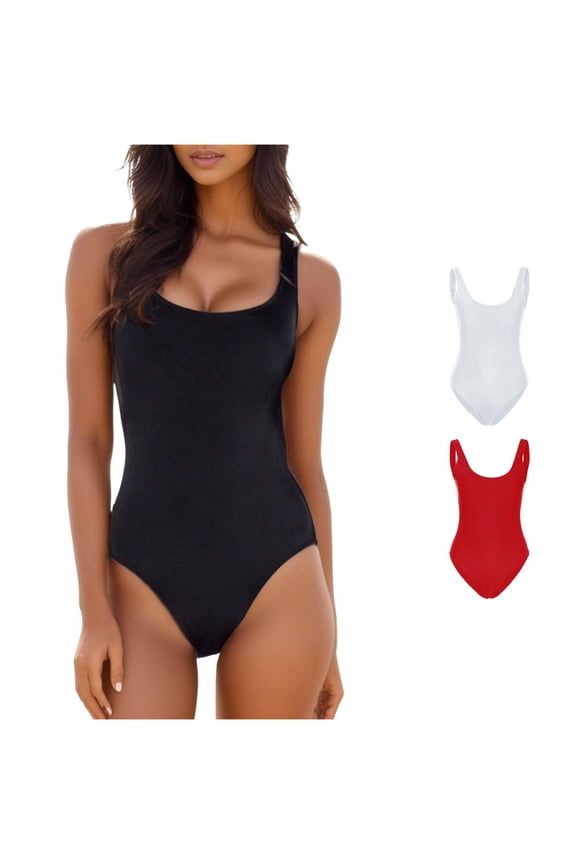 Womens Square Scoop Neck Wide Thick Strap Solid Color High Cut One Piece Swimsuit Smooth Basic Swim Bodysuit Summer Swimwear For Pool Beach Stylish Swimwear M