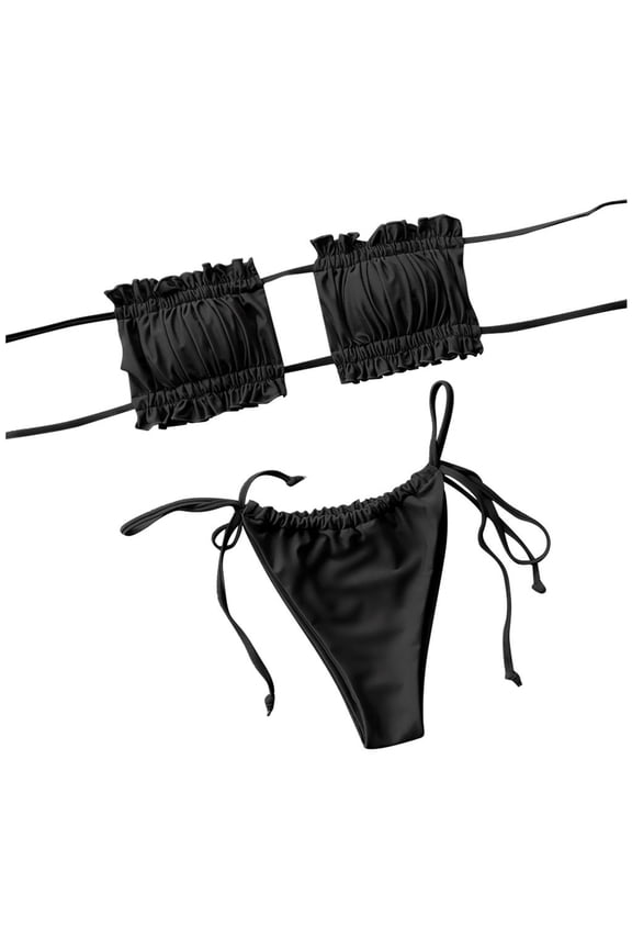 Womens Strapless Tube Neck Solid Color Ruffle Hollow Two Piece Bikini Set Frill Bandeau Bikini Top Side Tie Micro Bikini Bottom Summer Swimwear For Tropical Beach Classic Swimwear M
