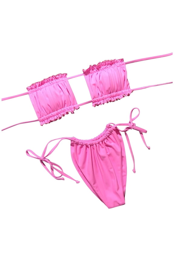 Womens Strapless Tube Neck Solid Color Ruffle Hollow Two Piece Bikini Set Frill Bandeau Bikini Top Side Tie Micro Bikini Bottom Summer Swimwear For Tropical Beach Cozy Swimwear S