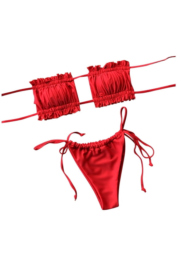Womens Strapless Tube Neck Solid Color Ruffle Hollow Two Piece Bikini Set Frill Bandeau Bikini Top Side Tie Micro Bikini Bottom Summer Swimwear For Tropical Beach Fashion Swimwear L