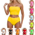 thumbnail image 1 of FINALGANG Womens Strapless Tube Neck Solid Color Two Piece Bikini Set Bandeau Bikini Top High Waist Full Coverage Bikini Bottom Basic Swim Suit For Seaside Vacation Versatile Swimwear L, 1 of 4