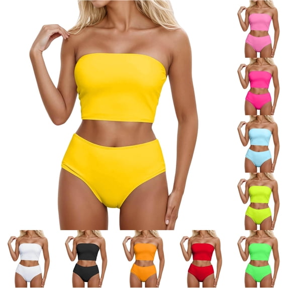 FINALGANG Womens Strapless Tube Neck Solid Color Two Piece Bikini Set Bandeau Bikini Top High Waist Full Coverage Bikini Bottom Basic Swim Suit For Seaside Vacation Versatile Swimwear L
