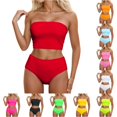 thumbnail image 1 of FINALGANG Womens Strapless Tube Neck Solid Color Two Piece Bikini Set Bandeau Bikini Top High Waist Full Coverage Bikini Bottom Basic Swim Suit For Seaside Vacation Fashion Swimwear S, 1 of 5