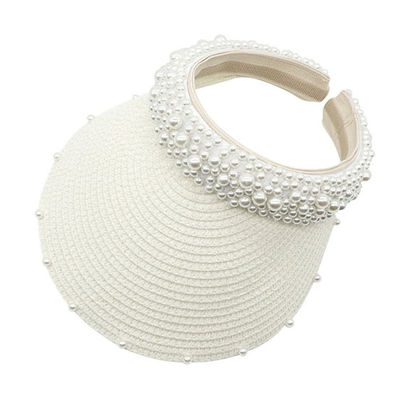 FINALGANG Womens Straw Visor Pearl Decor Adjustable Strap Breathable Lightweight Hat For Casual Daily Outdoor Wear Stylish Headwear