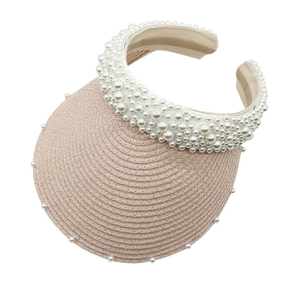 FINALGANG Womens Straw Visor Pearl Decor Adjustable Strap Breathable Lightweight Hat For Casual Daily Outdoor Wear Trendy Headwear