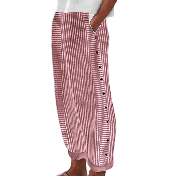 FINALGANG Womens Striped Barrel Ankle Pants With Side Button Details Elastic Waist For Casual Daily Wear Summer Errands Weekend Outings Red