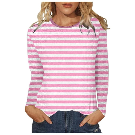 FINALGANG Womens Striped Long Sleeve TShirts Casual Loose Fit Crewneck Lightweight Tees For Spring Summer Daily Wear Pink XL