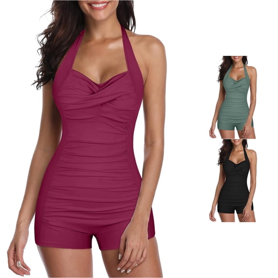 FINALGANG Womens Sweetheart Halter Neck Solid Color Full Ruched One Piece Boy Short Swimsuit Tummy Control Swim Romper Basic Swimwear For Water Workout Trendy Swimwear S