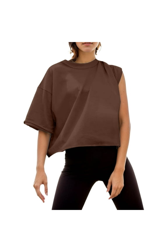 Womens T Shirt Solid Color Asymmetric Cropped Top Crewneck One Short Sleeve Oversized Fit Casual Sporty Blouse For Daily Gym Wear Leisure Top