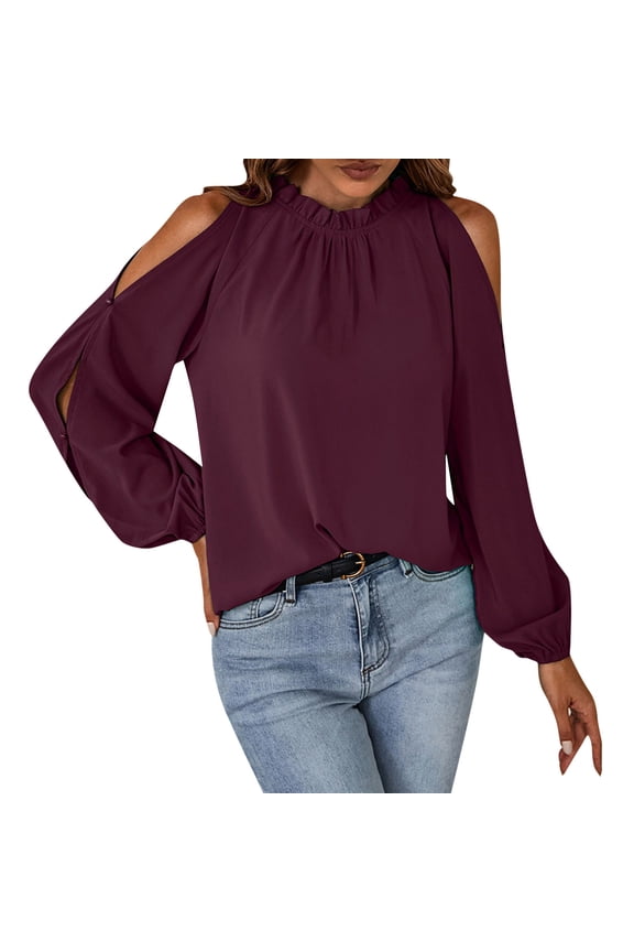 Womens T Shirt Solid Color Cold Shoulder Blouse With Ruffled Neckline Long Puff Sleeve Relaxed Fit Casual Top For Daily Weekend Wear Versatile Top