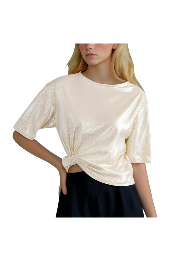 Womens T Shirt Solid Color Metallic Twist Front Tees Crewneck Short Sleeve Relaxed Fit Casual Party Blouse For Event Night Out Wear Trendy Top