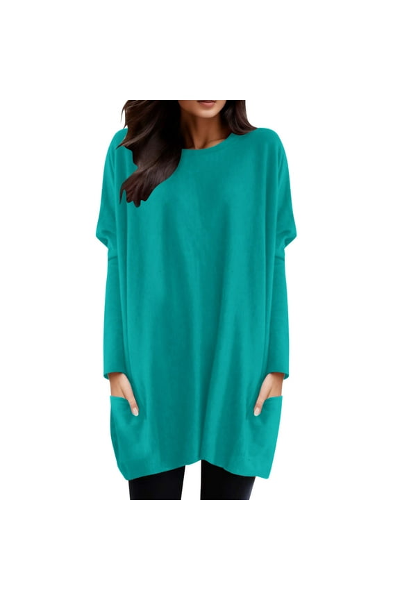 Womens T Shirt Solid Color Oversized Crew Neck Dolman Long Sleeve Tunic Side Pockets Casual Relaxed Fit Blouse For Daily Loungewear Leisure Top