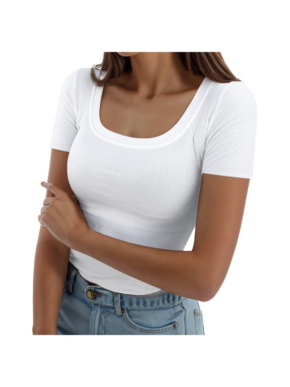 Womens T Shirt Solid Color Ribbed Knit Crop Tees Square Neck Short Sleeves Slim Fit Basic Top For Casual Daily Street Wear Versatile Top