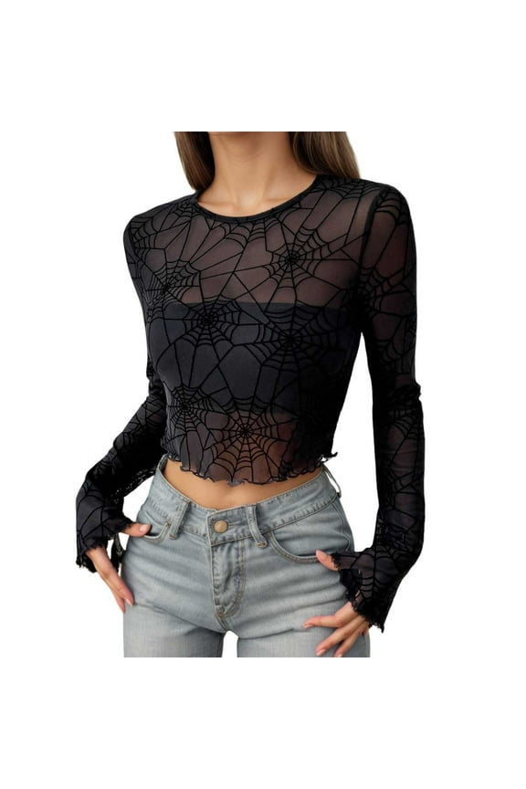 Womens T Shirt Solid Color Sheer Mesh Crop Tees Crewneck Spider Web Print Long Sleeves Lettuce Hem Layering Blouse For Casual Daily Party Wear Leisure Top