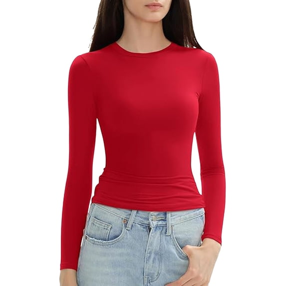 FINALGANG Womens T Shirt Solid Color Slim Long Sleeve Crewneck Basic Layered Tee Shirt For Casual Daily Wear Fashionable Top