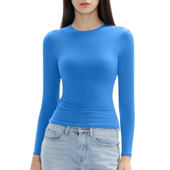 FINALGANG Womens T Shirt Solid Color Slim Long Sleeve Crewneck Basic Layered Tee Shirt For Casual Daily Wear Soft Top