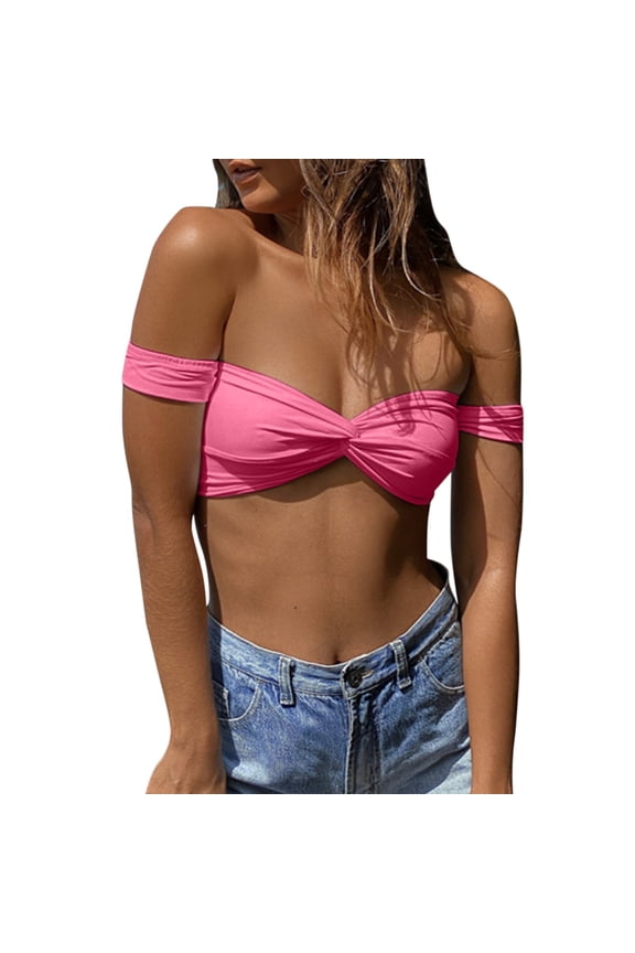 Womens Tank Solid Color Off Shoulder Sleeveless Crop Top With Twist Front Detail Slim Fit Casual Bralette For Daily Going Out Wear Soft Top