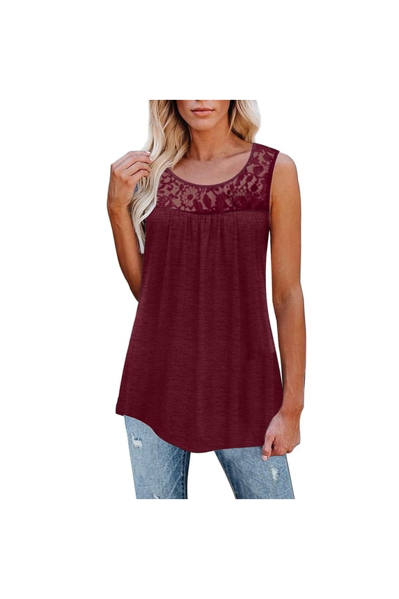 Womens Tank Solid Color Sleeveless Tank Top With Lace Yoke Crewneck Relaxed Fit Casual Basic Blouse For Daily Outdoor Wear Soft Top