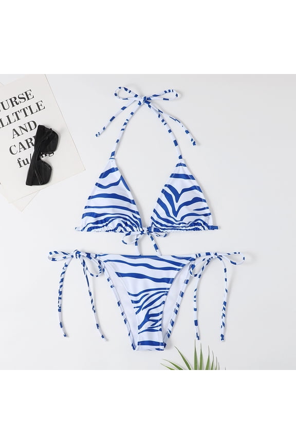 Womens Triangle Halter Neck Zebra Stripe Print Two Piece Bikini Set Tie Side String Bikini Bottom Basic Swim Suit Summer Swimwear For Pool Party Trip Stylish Swimwear S