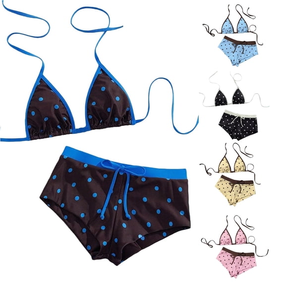 FINALGANG Womens Triangle Halter Polka Dot Print 2 Piece Bikini Swim Set Tie String Swim Top Drawstring Boyshort Brief Summer Swimwear For Beach Trip Fashion Swimwear S