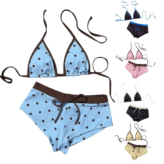 FINALGANG Womens Triangle Halter Polka Dot Print 2 Piece Bikini Swim Set Tie String Swim Top Drawstring Boyshort Brief Summer Swimwear For Beach Trip Trendy Swimwear S