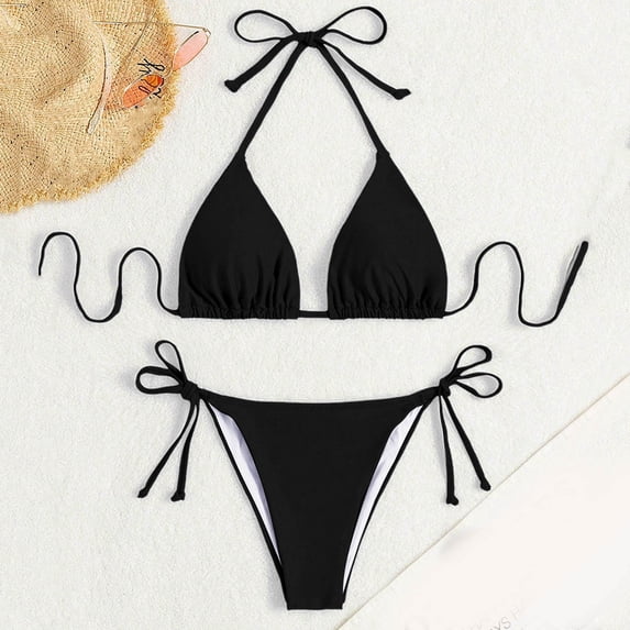 FINALGANG Womens Triangle Thin String Strap Solid Color Two Piece Bikini Set Side Tie Adjustable Bikini Bottom Minimal Slim Swimwear For Summer Beach Vacation Fashion Swimwear S