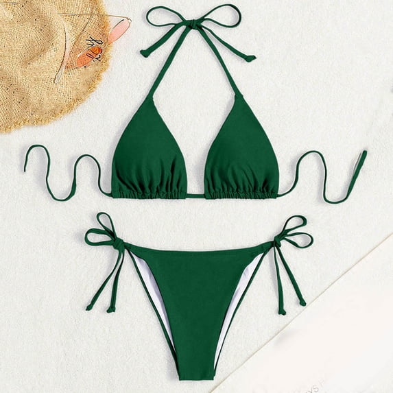 FINALGANG Womens Triangle Thin String Strap Solid Color Two Piece Bikini Set Side Tie Adjustable Bikini Bottom Minimal Slim Swimwear For Summer Beach Vacation Stylish Swimwear M
