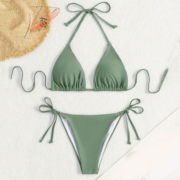 FINALGANG Womens Triangle Thin String Strap Solid Color Two Piece Bikini Set Side Tie Adjustable Bikini Bottom Minimal Slim Swimwear For Summer Beach Vacation Fashion Swimwear XL